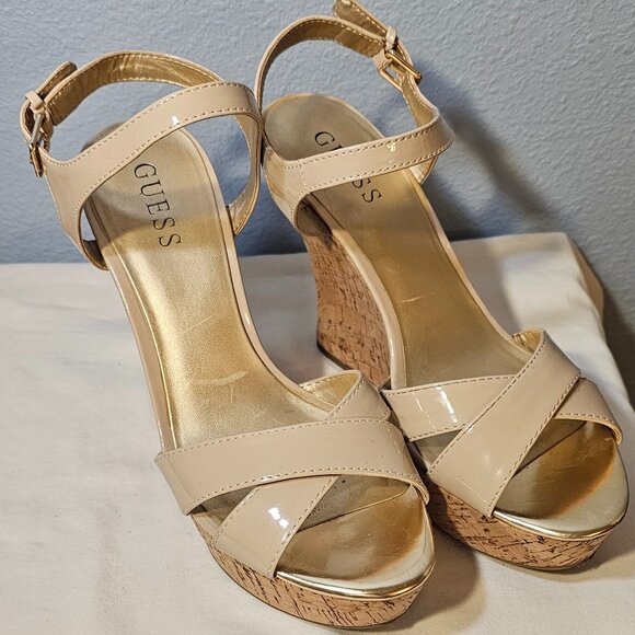 GUESS Tan Patent Leather Platform Cork Sandals - Picture 4 of 12